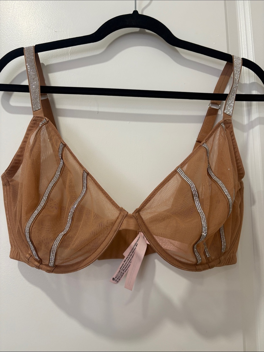 Victorias Secret Brown Sheer Mesh Underwire Bra with Rhinestone Straps.wore once